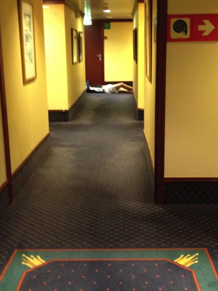 Hotel drunk in hallway